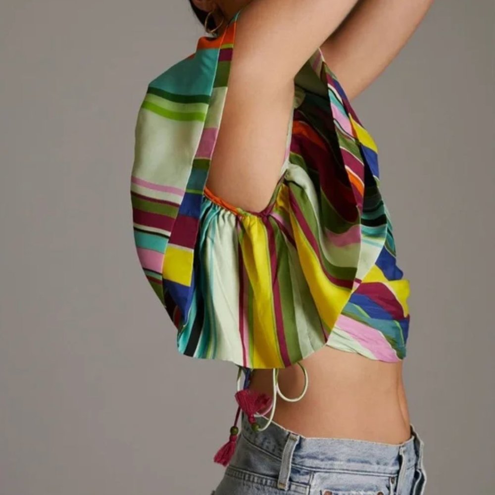 Anthropologie Hope for Flowers One-shoulder Rainbow Crop Blouse - Picture 2 of 8